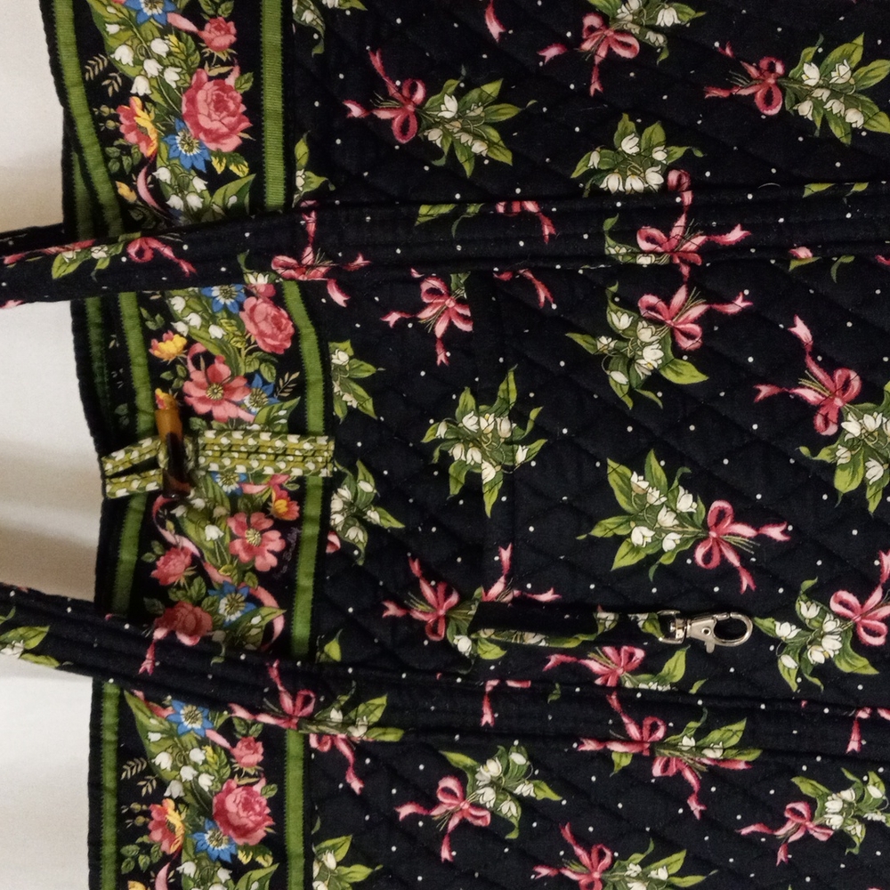 VERA BRADLEY Tote Bag/Purse/Shoulder Black Floral Large 2-Straps New